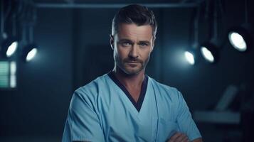 AI generated Expert Male Doctor in Scrubs, Focused in Medical Lab, Informative Healthcare Editorial photo