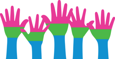 Rosa, Grün, und Blau farbig Hand Symbol, wie das Farben von das polysexuell Flagge. lgbtqi Konzept. eben Design Illustration. png