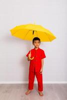 pequeño chico Moda sonriente niño en rojo chino vestido, estilo y Moda ideas para niños. chino nuevo año foto