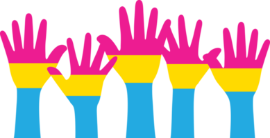 Silhouette of pink, yellow, and blue colored hands as the colors of the pansexual flag. Flat design illustration png
