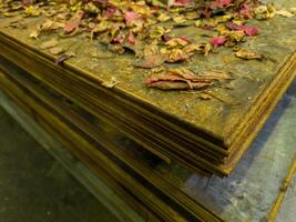 stack of thick rusted steel sheets covered with yellow autumn leaves photo