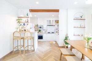 Minimalistic modern kitchen in pastel colors with kitchenware and space photo