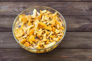 Cantharellus Cibarius, chanterelle mushrooms yellow soaked in water with salt photo