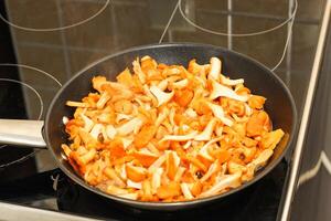 Cantharellus Cibarius, chanterelle mushrooms yellow cooking in a frying pan photo