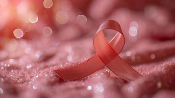 AI generated Breast cancer awareness symbol  pink ribbon on blurred pink background with sparkles and copy space photo