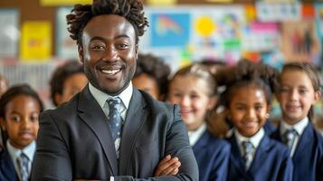 ai generado sonriente profesor con estudiantes en dinámica colegio clase, Fomentando positivo aprendizaje ambiente foto