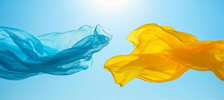 AI generated Vibrant yellow and blue abstract background with translucent silk waves and delicate leaf accents photo