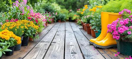 AI generated Colorful flowerpots and yellow boots in a vibrant garden   a perfect spring or summer background photo