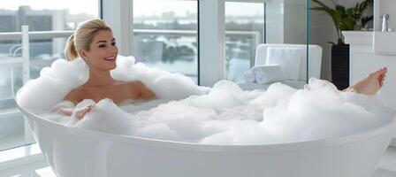 AI generated Blissful young woman with content smile indulging in a luxurious bubble bath at home photo