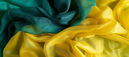 AI generated Abstract yellow and green background with leaves and transparent lightweight silk fabric photo