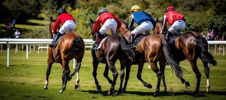 ai generado experto jockey exhibiendo pericia como ellos carrera en lado de caballo en un emocionante competencia foto