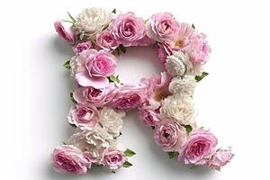 AI generated 3d modern style letter  r  made from rose flowers on white background, floral alphabet concept photo