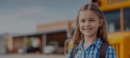 AI generated Cheerful elementary school girl ready to board the bus with space for text placement. photo