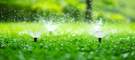 AI generated Automatic sprinklers watering lush green lawn in garden with space for text placement concept photo