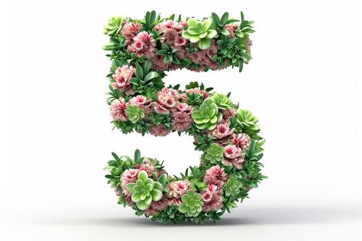 AI generated Number 5  in 3d modern style made of flowers isolated on white background, floral typography concept photo
