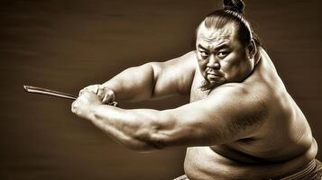ai generado japonés sumo luchador en tradicional atuendo demostrando marcial letras tecnicas durante un partido foto