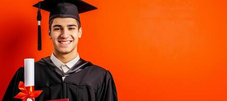 AI generated Joyful graduate holding diploma on orange studio background, perfect for text placement. photo