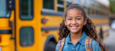 AI generated Smiling elementary school girl ready to board yellow school bus, with space for text placement photo