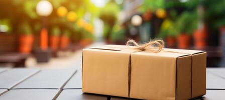 AI generated Package delivery service conceptcardboard parcel box with online shopping order near front door. photo