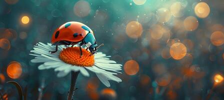 AI generated Ladybug on white flower  bright spring background with minimalistic abstract design photo