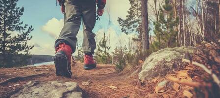 AI generated Active men s legs with sports shoes and backpack running along a scenic mountain path in nature photo