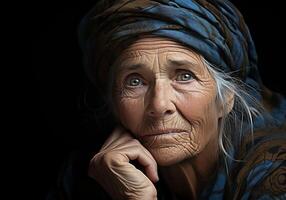 AI generated Portrait of elderly woman isolated on dark background, thinking and looking. photo