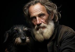 ai generado retrato de un momento de afecto Entre un mayor granjero hombre y su perro. cuidado y atención. Doméstico y granja animales foto