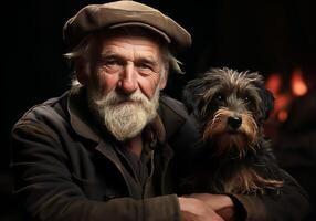 ai generado retrato de un momento de afecto Entre un mayor granjero hombre y su perro. cuidado y atención. Doméstico y granja animales foto