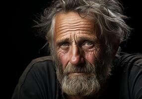 AI generated Portrait of elderly farmer man isolated on dark background, thinking and looking. photo
