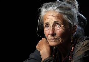 AI generated Portrait of elderly woman isolated on dark background, thinking and looking. photo