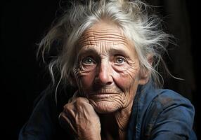 AI generated Portrait of elderly woman isolated on dark background, thinking and looking. photo