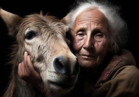 ai generado retrato de un momento de afecto Entre un mayor granjero mujer y su burro. cuidado y atención. Doméstico y granja animales foto