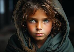 ai generado retrato de hermosa calle niño, sucio, mirando muy grave. supervivencia, vulnerabilidad y social problema. foto