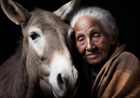 ai generado retrato de un momento de afecto Entre un mayor granjero mujer y su burro. cuidado y atención. Doméstico y granja animales foto