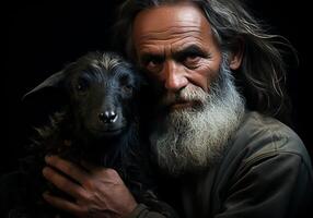 AI generated Portrait of a moment of affection between an elderly farmer man and his goat. Care and attention. Domestic and farm animals. photo