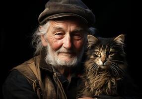 ai generado retrato de un momento de afecto Entre un mayor hombre y su gato. cuidado y atención. Doméstico y granja animales foto