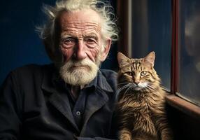 ai generado retrato de un momento de afecto Entre un mayor hombre y su gato. cuidado y atención. Doméstico y granja animales foto
