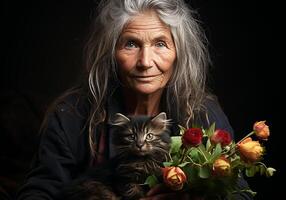 AI generated Portrait of a moment of affection between an elderly woman and her cat. Care and attention. Domestic and farm animals. photo
