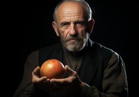 ai generado retrato de mayor granjero hombre en su rústico cocina con naranja en su manos. comida y sano viviendo. foto