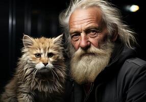 ai generado retrato de un momento de afecto Entre un mayor hombre y su gato. cuidado y atención. Doméstico y granja animales foto