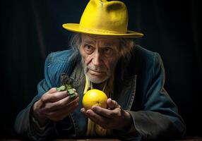 ai generado retrato de mayor granjero hombre en su rústico cocina con limones comida y sano viviendo. foto