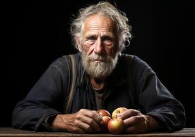 AI generated Portrait of elderly farmer man in his rustic kitchen with an apple. Food and healthy living. photo