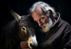 ai generado retrato de un momento de afecto Entre un mayor granjero y su burro. cuidado y atención. Doméstico y granja animales foto