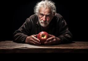 ai generado retrato de mayor granjero hombre en su rústico cocina con un manzana. comida y sano viviendo. foto