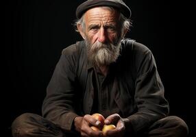 ai generado retrato de mayor granjero hombre en su rústico cocina con un manzana. comida y sano viviendo. foto