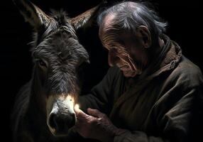 ai generado retrato de un momento de afecto Entre un mayor granjero y su burro. cuidado y atención. Doméstico y granja animales foto