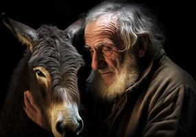 ai generado retrato de un momento de afecto Entre un mayor granjero y su burro. cuidado y atención. Doméstico y granja animales foto
