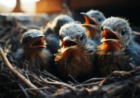 AI generated Little birds in the nest waiting to be fed. Animals in wild life. photo