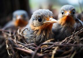 AI generated Little birds in the nest waiting to be fed. Animals in wild life. photo