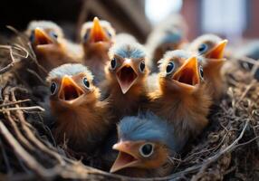 AI generated Little birds in the nest waiting to be fed. Animals in wild life. photo